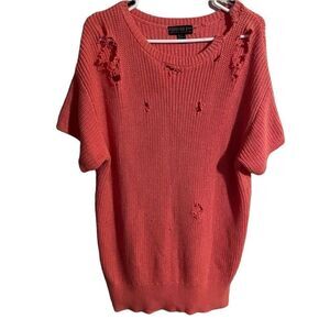 Forever 21 Plus Size Salmon Pink‎ Distressed Short Sleeve Knit Sweater 1X